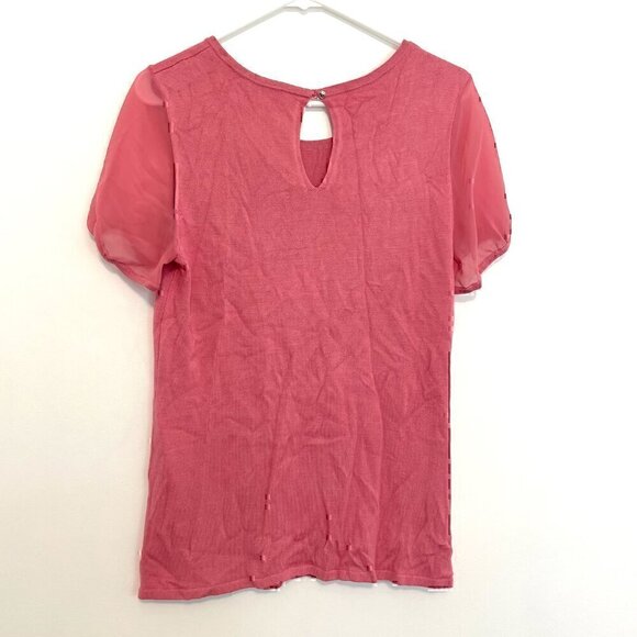 WHITE HOUSE BLACK MARKET WHBM Woven Short Sleeve Top Pink Mixed Media Knit Work - Picture 11 of 14